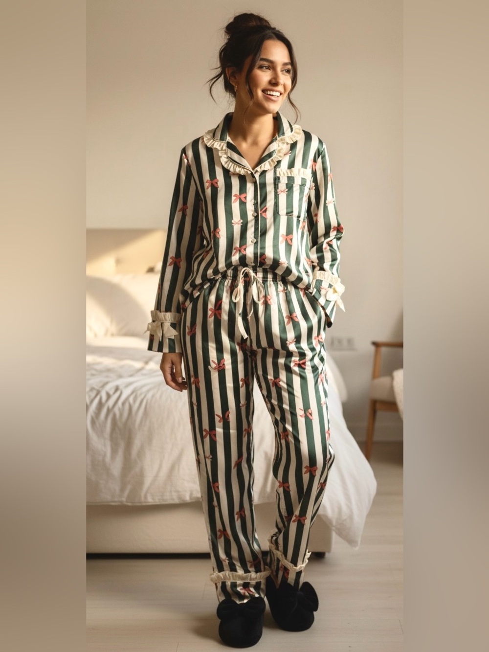 NEW!! Ivy City Co Green and Cream Striped Bow-Print Satin Pajama Set